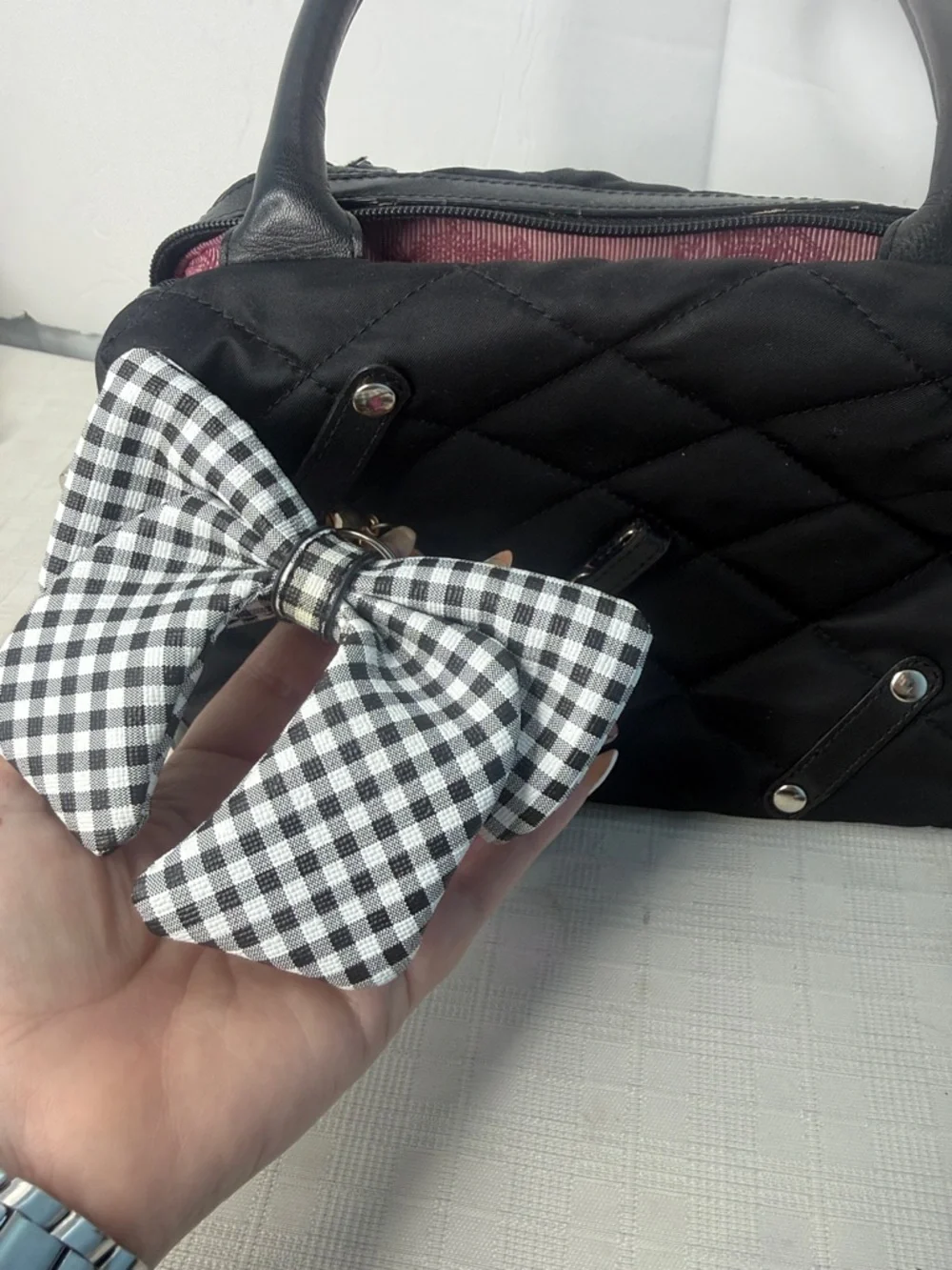 My flat in London Quilted Handbag with Black & White Gingham Bow Accent